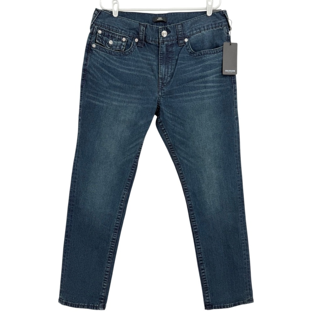 True Religion Men's Geno Relaxed Slim Big T Blue Denim Jeans 36x32 NWT $199.00